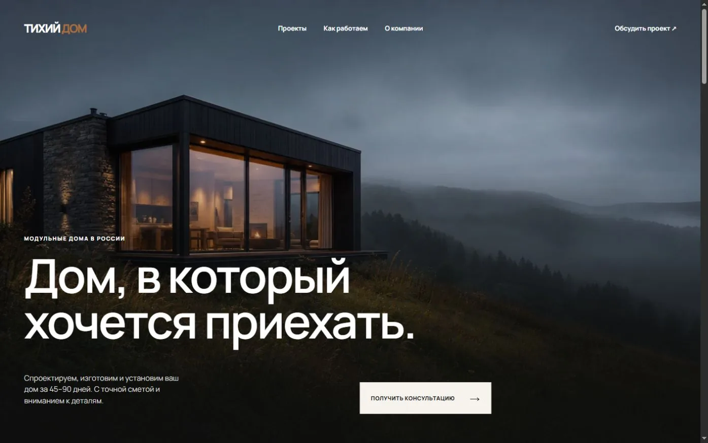 Первый экран сайта застройщика «Тихий Дом»