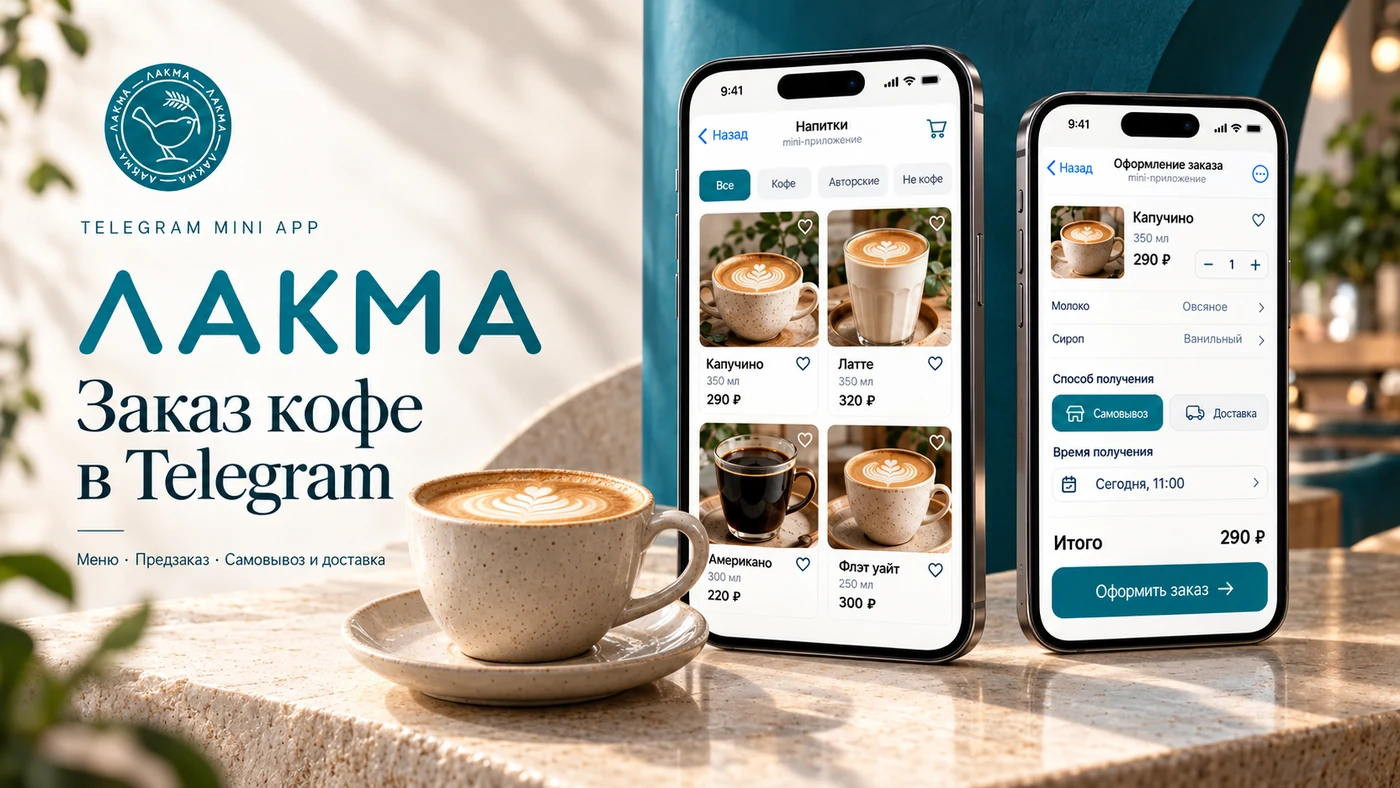 Лакма — заказ кофе в Telegram: логотип, чашка кофе и два смартфона с иллюстрациями меню и оформления заказа